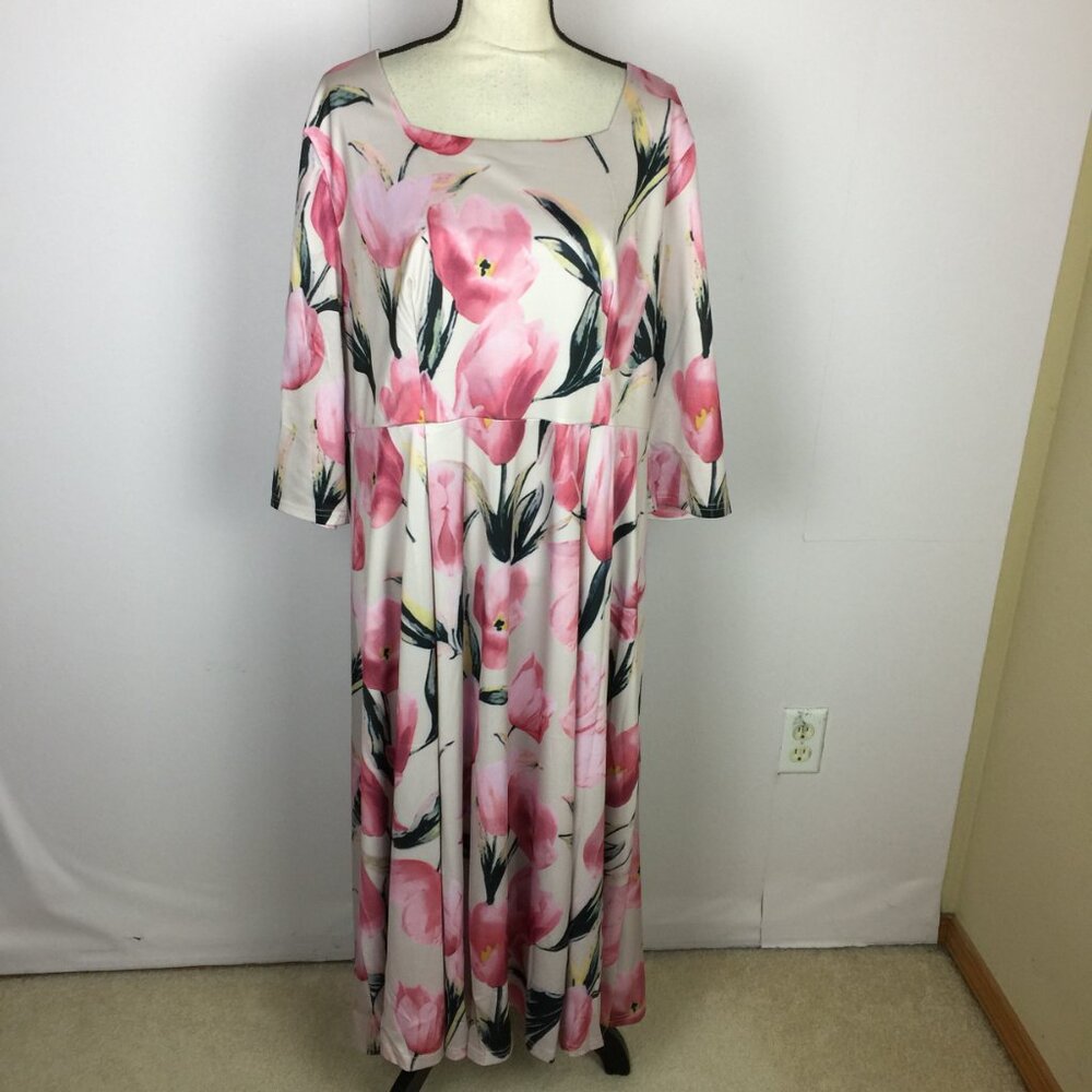 New! Flycurvy Maxi Dress 2XL Pink White Floral Square Neck Stretch Knit